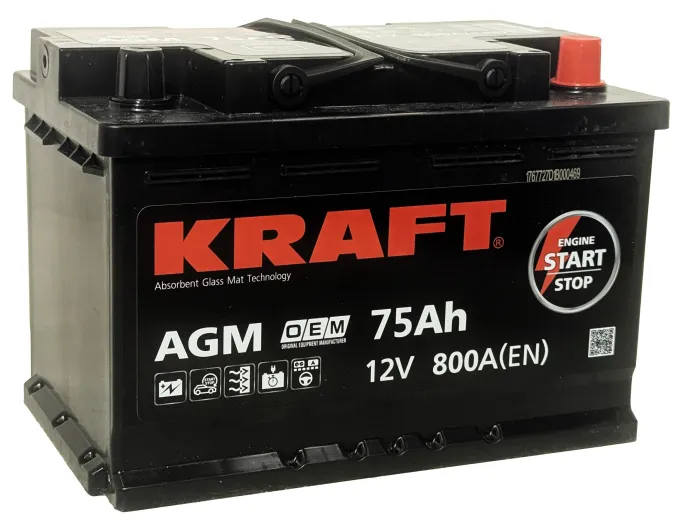 Аккумулятор KRAFT AGM 75 R (800A, 278*175*190)