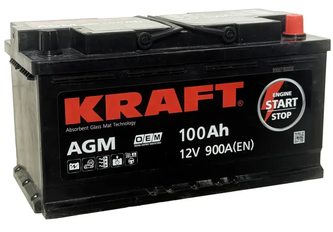 Аккумулятор KRAFT AGM 100 R (900A, 353*175*190)