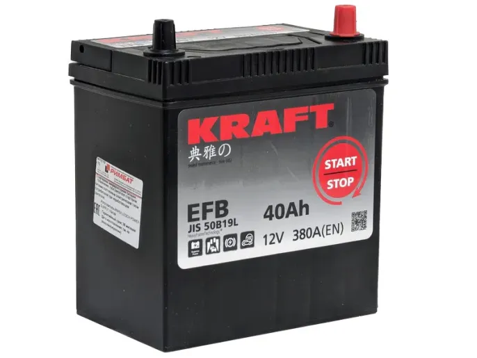 Аккумулятор KRAFT EFB Asia 40 JR (380A, 195*126*220) тонкие клеммы