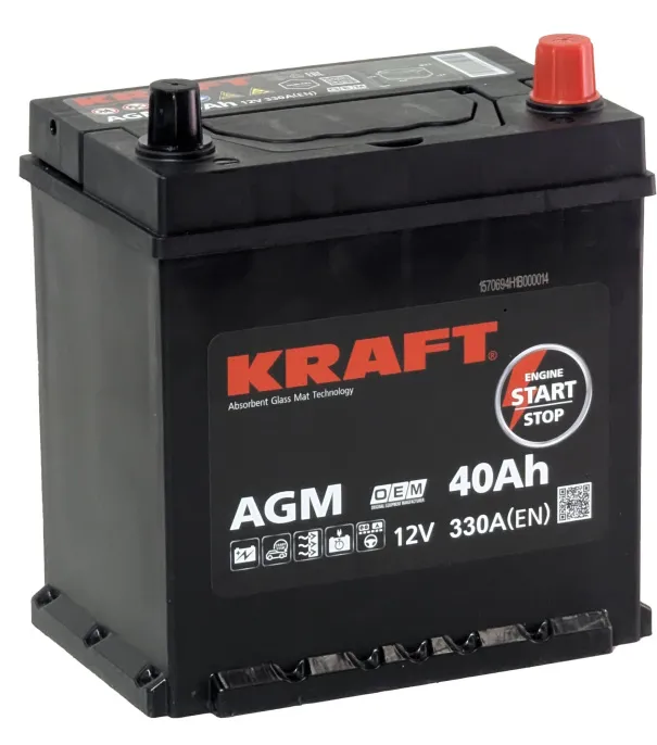 Аккумулятор KRAFT AGM Asia 40 JR (330A, 200*142*220) с бортом
