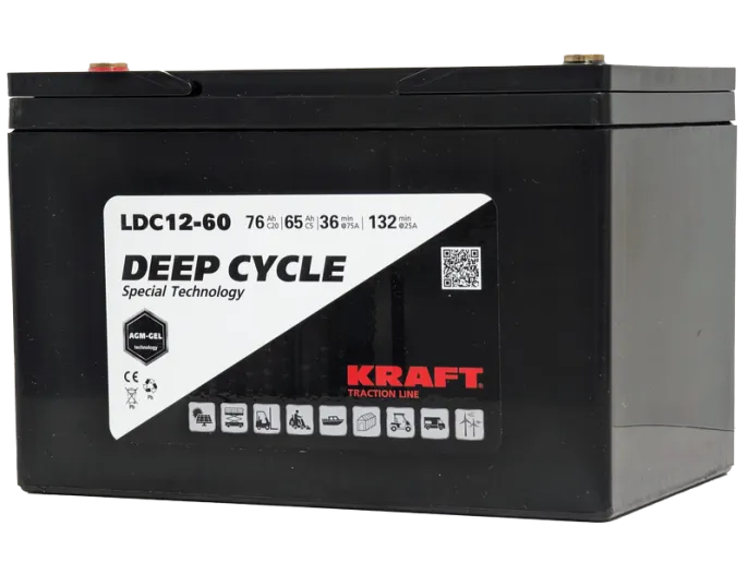 Аккумулятор KRAFT 12V-76Ah(C20) L (тяговая) M6 (260*168*176)