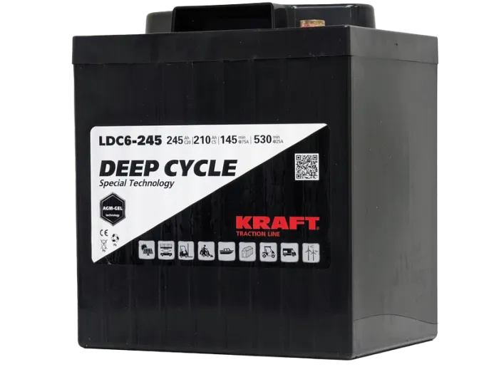 Аккумулятор KRAFT 6V-245Ah(C20) L (тяговая) M8 (243*188*275)