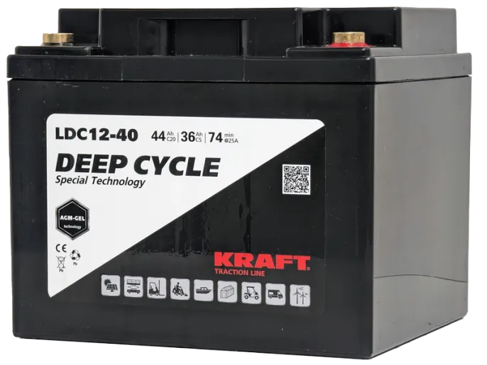 Аккумулятор KRAFT 12V-44Ah(C20) L (тяговая) M6 (197*166*170)