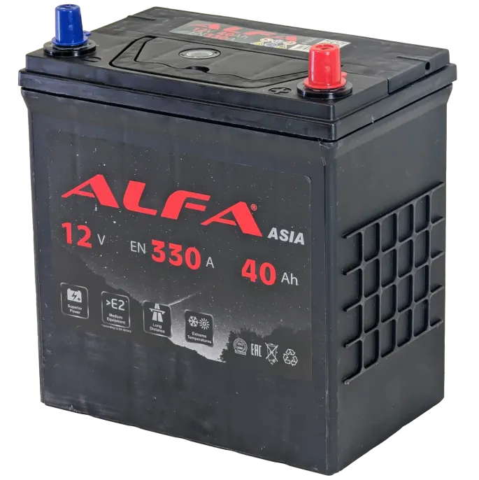 Аккумулятор ALFA Asia 40 JR (330A, 186*129*220) тонкие клеммы
