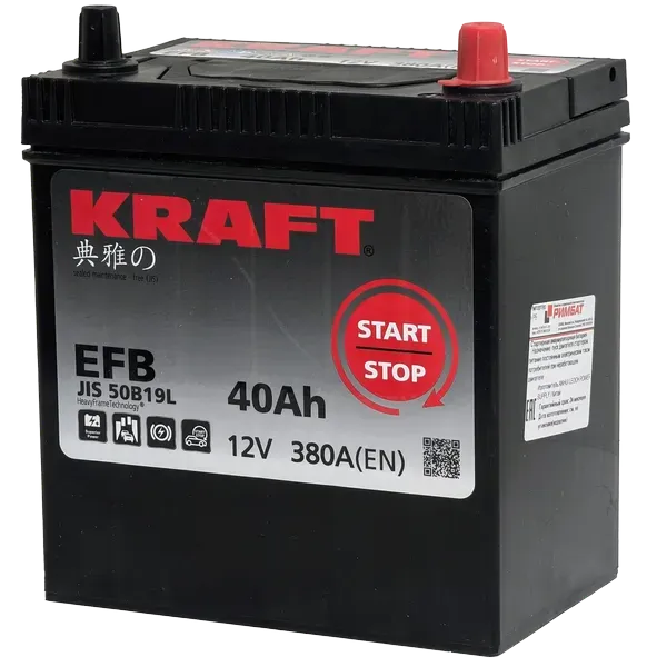 Аккумулятор KRAFT EFB Asia 40 JR (380A, 195*126*220) тонкие клеммы