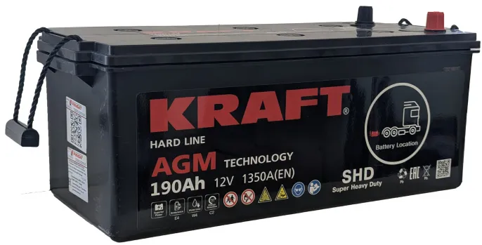 Аккумулятор KRAFT AGM 190 (3) евро +/- (1350A, 480*223*223)