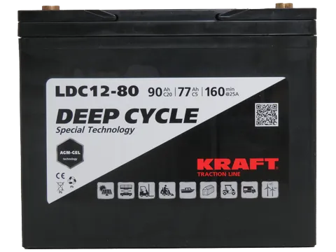 Аккумулятор KRAFT 12V-90Ah(C20) L (тяговая) M6 (260*168*214)