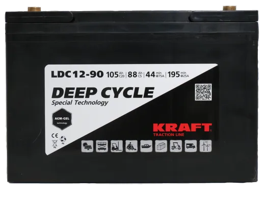 Аккумулятор KRAFT 12V-105Ah(C20) L (тяговая) M8 (306*168*208)