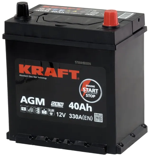 Аккумулятор KRAFT AGM Asia 40 JR (330A, 200*142*220) с бортом